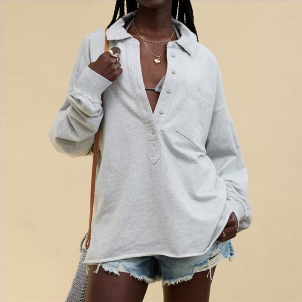Aerie Oversized Polo Sweatshirt Long Sleeve French Terry - EUC XS